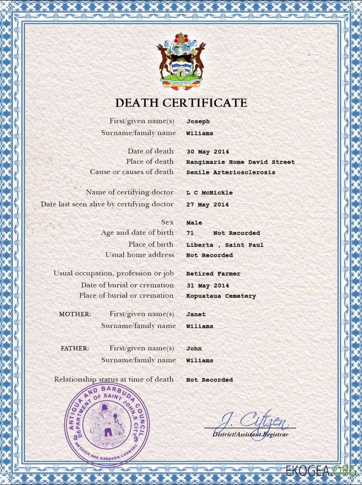 Modèle PSD de certificat de décès d'Antigua et Barbuda